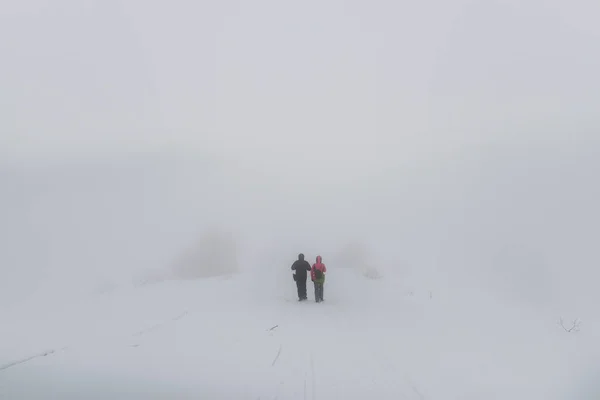 Dva Turisté Procházející Sněhovou Bouří Mezi Sněhem Mlhou Velmi Měkké — Stock fotografie