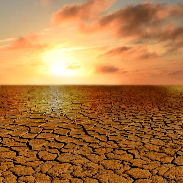 Apocalyptic Landschatf Cracked Earth Red Sunset Super Realistic Photo Stock Picture