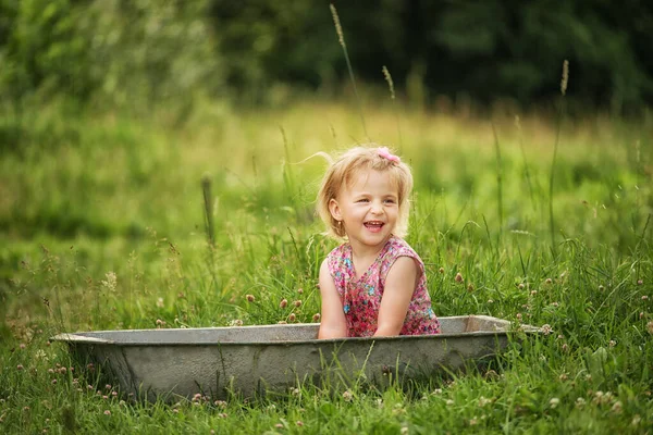 Маленька Дівчинка Сукні Бризкає Воді Посеред Зеленого Лугу Сільські Милі — стокове фото