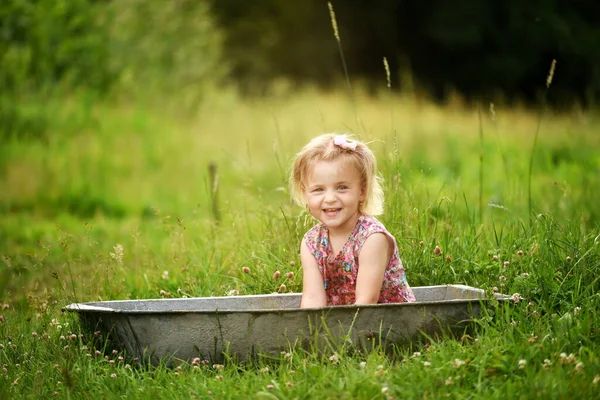 Una Niña Con Vestido Salpica Bebedero Agua Medio Prado Verde — Foto de Stock