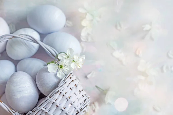 Kosz Malowanymi Jajkami Białymi Kwiatami Wiśni Jasnym Tle Wielkanoc Martwa — Zdjęcie stockowe