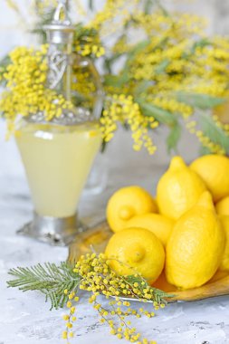 Limonlar, sarı bahar mimoza çiçekleri ve bir sürahi limon suyu. Bahar tazeliği hayat. ön planda çok yumuşak seçici odak.