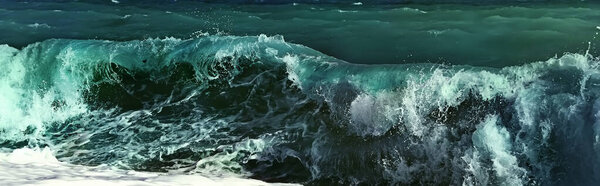 A wave running on the shore. Close-up. Marine background. Panoramic photo.