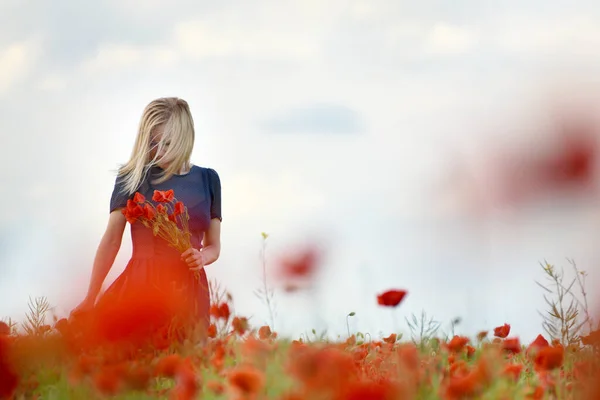 Dívka Květinovém Poli Kvetoucími Šarlatovými Máky Umělecká Fotografie Selektivní Zaměření — Stock fotografie