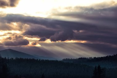 Köknar ormanlarıyla kaplı dağların dramatik manzarası ve güneş bulutlarıyla kaplı bulutlar. Eski usul eski usul 