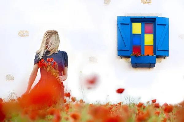 Silhouette Une Fille Dans Les Fleurs Coquelicots Rouges Une Fenêtre — Photo