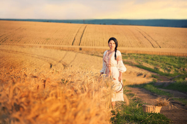 Девушка в вышитом традиционном платье с серпом в руках на желтом пшеничном поле на закате. Традиционная украинская женская одежда, уборка зерна. Ретро-винтажное фото.