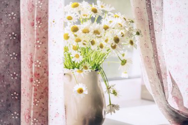 Penceredeki vazoda bir buket papatya ve Provence tarzında perdeler..