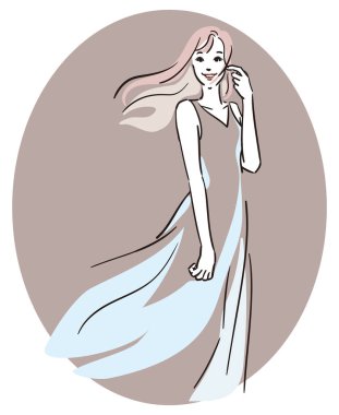 Oval pembe arka plan, uzun saç, mavi elbiseli kadın.