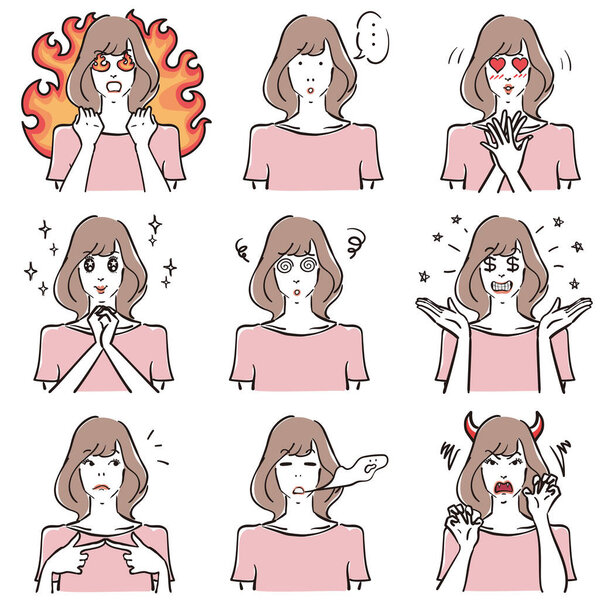 Various expressions of cute women, comical