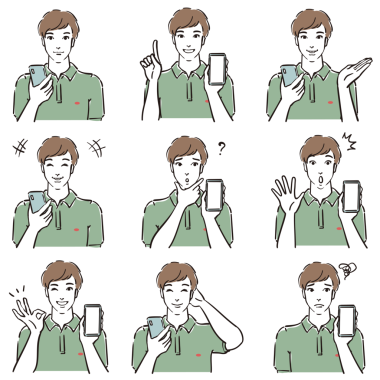 Polo tişörtlü erkeklerin çeşitli ifadeleri. Akıllı telefonlar.