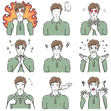 Polo tişörtlü erkeklerin değişik ifadeleri, komik.