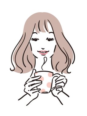 Elinde kupa tutan yarı uzun saçlı bir kadının çizdiği çizim.