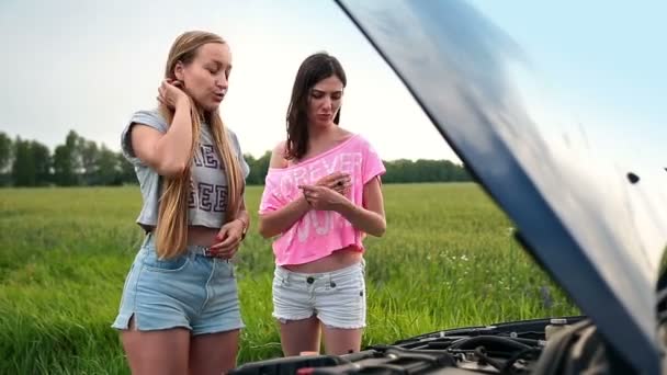 Leuke vrouwen permanent in de buurt van geopende motorkap van gebroken auto — Stockvideo
