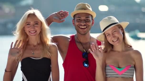 Grupo sorridente de pessoas acenando Olá com as mãos — Vídeo de Stock