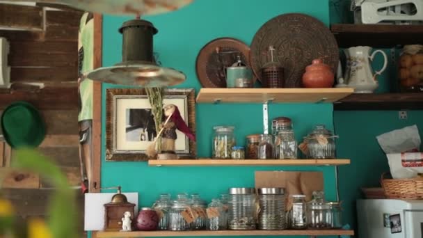 様々 な食材とカフェの棚 — ストック動画
