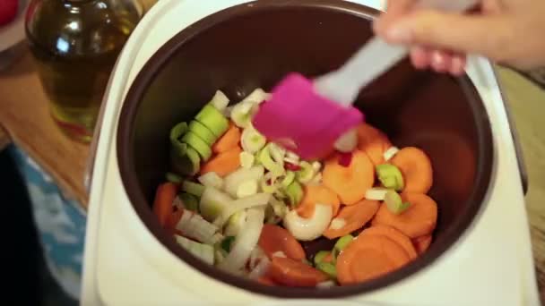 女人手搅拌蔬菜在 Multicooker — 图库视频影像