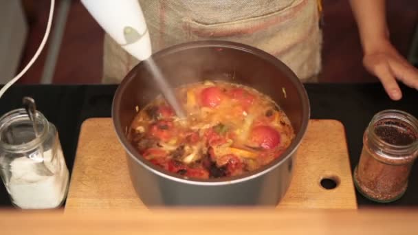 Sopa de verduras sabrosa mezclada con licuadora — Vídeo de stock