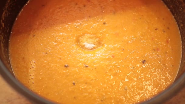 Dames hand toevoegen zout en kruiden in soep — Stockvideo