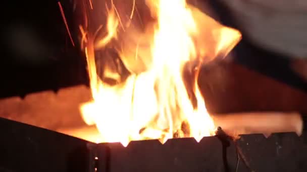 Закрыть горящее дерево на барбекю ночью — стоковое видео