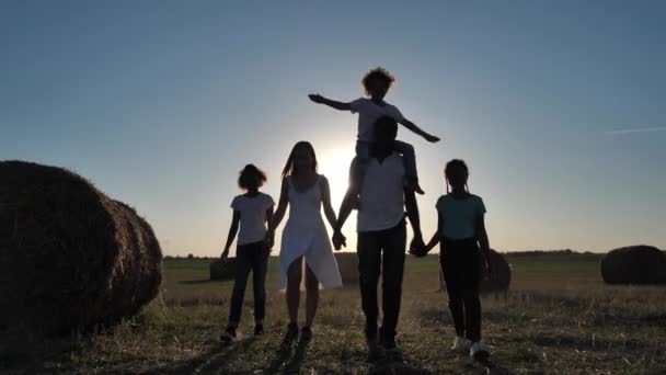 Famiglia multirazziale godendo passeggiata durante il tramonto — Video Stock