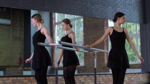 Young dancers training at ballet barre — Stock Video
