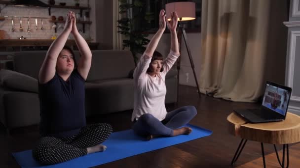 ハンディキャップ女の子とともにお母さんmeditingで蓮のポーズ — ストック動画