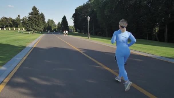 Ajuste femenino corriendo por el callejón del parque a la luz del sol — Vídeo de stock