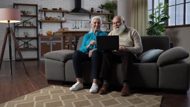 Vidám idős pár közben video chat a laptopon — Stock videók