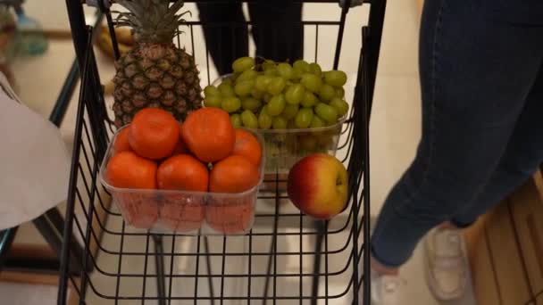 Carrello pieno di generi alimentari nel negozio dell'azienda agricola — Video Stock