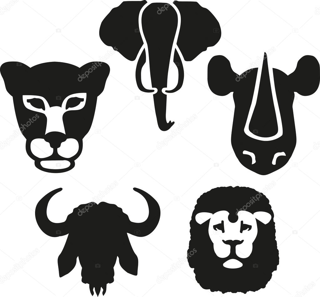 Heads of elephant rhino buffalo lion leopard