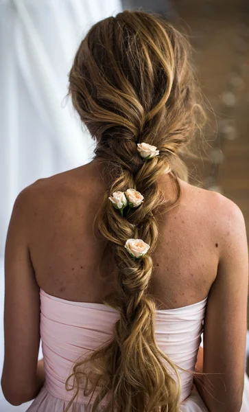 Hermosa joven con el pelo largo flores la ternura del misterio en un corcel trenza espalda —  Fotos de Stock