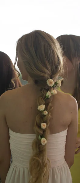 Schöne junge Mädchen mit langen Haaren Blumen die Zärtlichkeit des Geheimnisses in einem geflochtenen Ross zurück — Stockfoto
