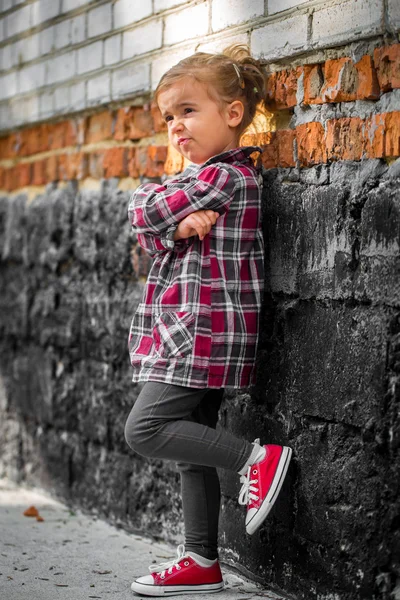 Маленькая красивая девочка у стены брик — стоковое фото