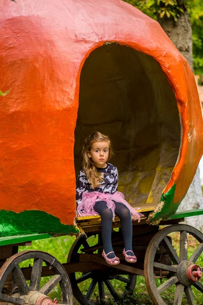 Маленькая девочка играет в карете из тыквы днем — стоковое фото