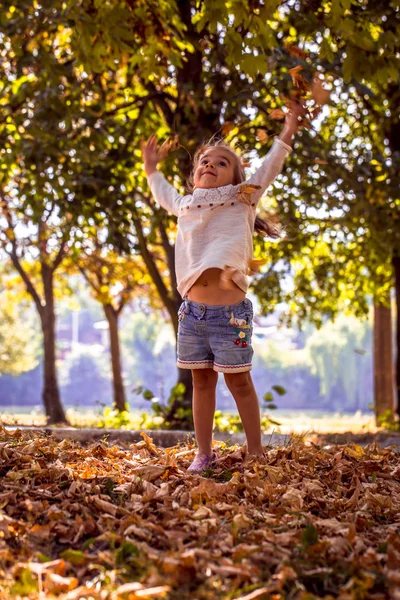 Красивая маленькая девочка играет в парке с осенними листьями — стоковое фото