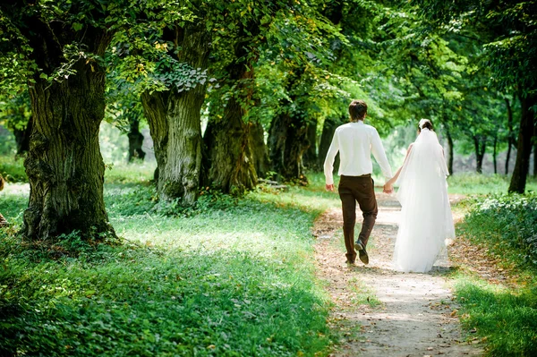 Mariés heureux sur une promenade dans la belle forêt — Photo
