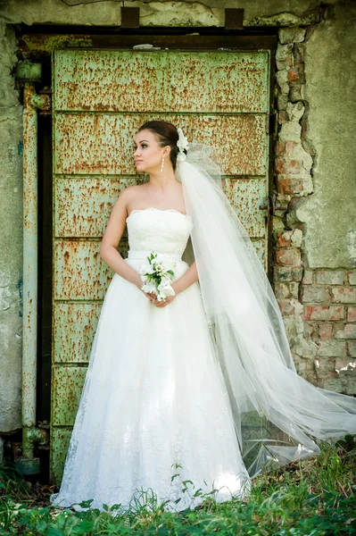 Hermosa chica en vestido de novia cerca de la puerta vieja —  Fotos de Stock