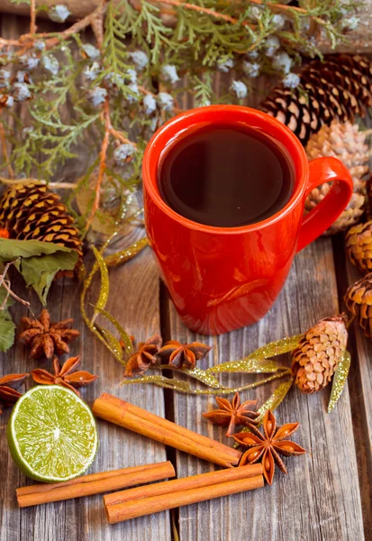 Natal ainda vida com copo vermelho de chá, cones de pinho, canela . — Fotografia de Stock