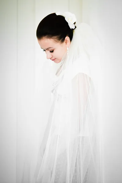 Menina bonita em um vestido de noiva com véu — Fotografia de Stock