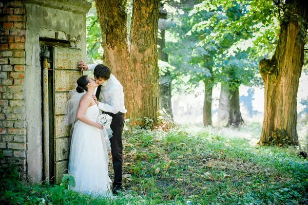 Heureux marié et mariée près de la vieille porte — Photo