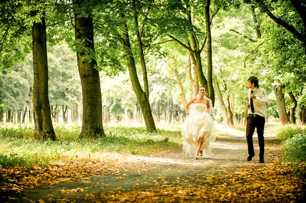 Szczęśliwa Panna młoda i pan młody na spacerze w lesie piękne — Zdjęcie stockowe