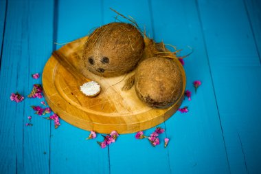 mavi bir ahşap zemin üzerine Hindistan cevizi