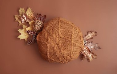 Kahverengi arkaplan kopyalama alanı üzerinde yapraklar, kozalaklar ve yuvarlak örgü ögesi ile sonbahar kompozisyonu.