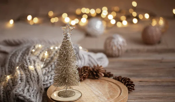 Small Decorative Shiny Christmas Tree Close Background Blurry Lights Bokeh — Stock Photo, Image