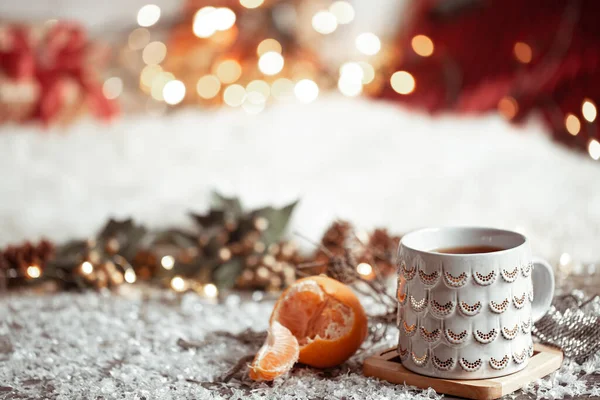 Composition Christmas Cup Hot Drink Blurred Abstract Background Copy Space — Stock Photo, Image
