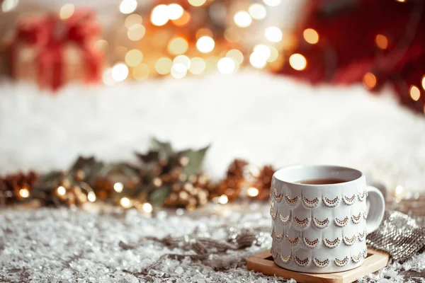 Composition Christmas Cup Hot Drink Blurred Abstract Background Copy Space — Stock Photo, Image