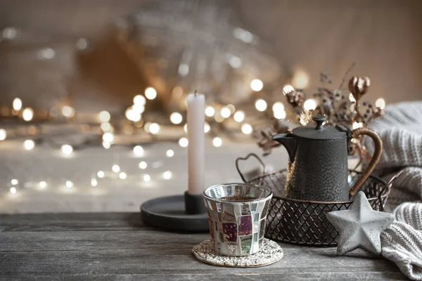 Composição Com Detalhes Decoração Casa Uma Mesa Madeira Conceito Uma — Fotografia de Stock