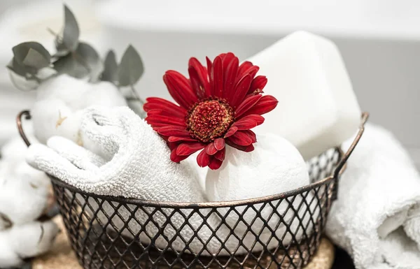 Toalla Baño Bomba Baño Flor Roja Concepto Higiene Salud —  Fotos de Stock