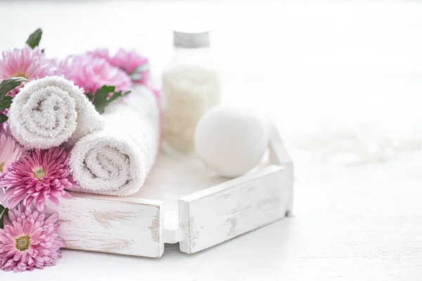 Spa Bodegón Con Productos Para Cuidado Corporal Flores Concepto Higiene —  Fotos de Stock